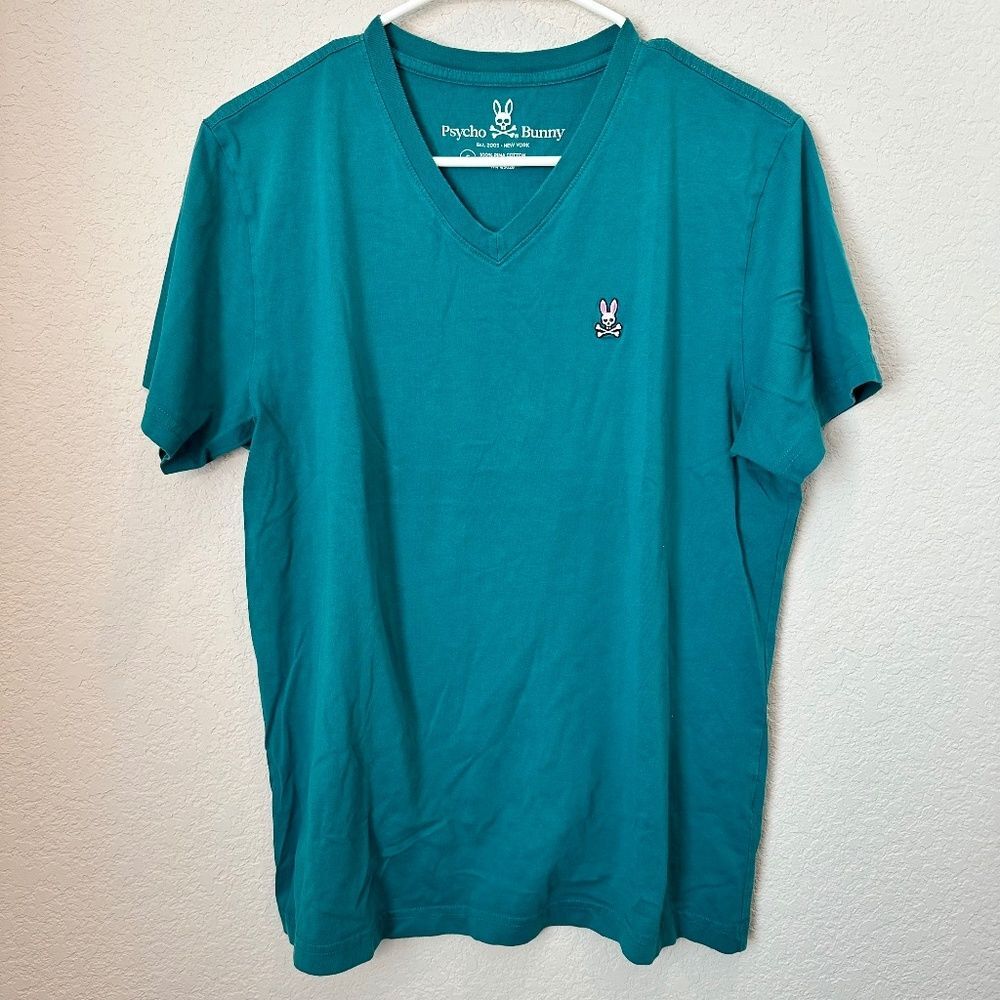 Men’s Psycho Bunny Teal Blue V-Neck 100% Pima Cotton T-Shirt - Size Small - EUC